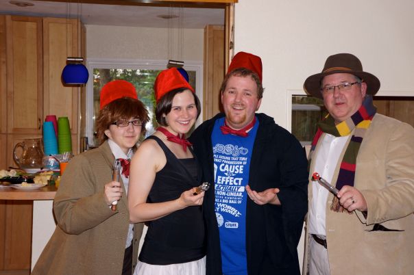Casey as the Eleventh Doctor, Dr. Jennifer Hennigan, Sean, and me as the Fourth Doctor.